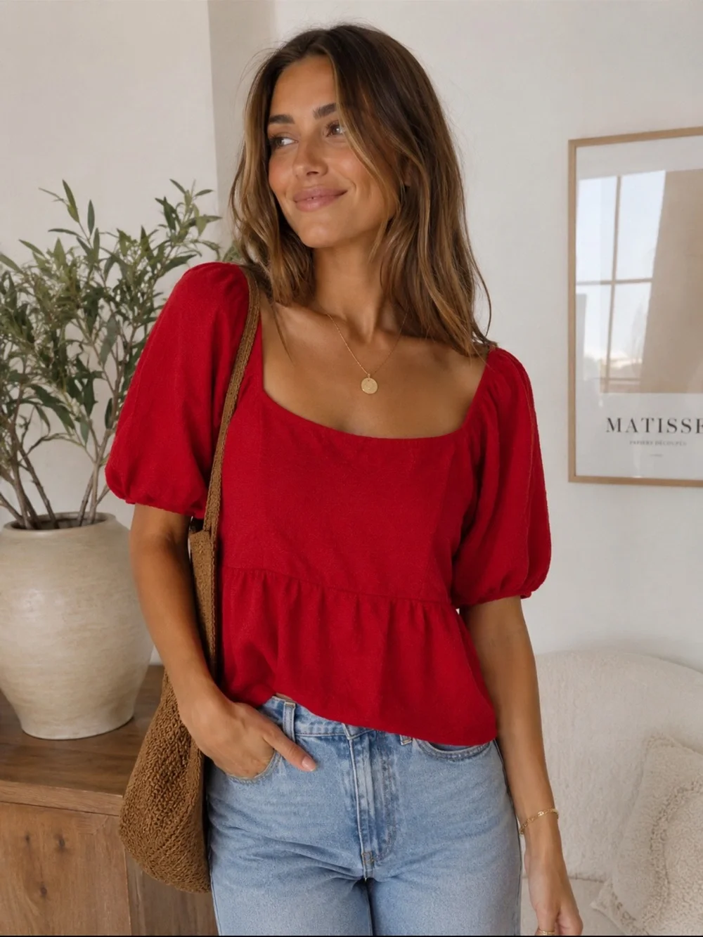 Madewell Red Puff Sleeve Square Neck Peplum Cotton Top 1X Plus Size